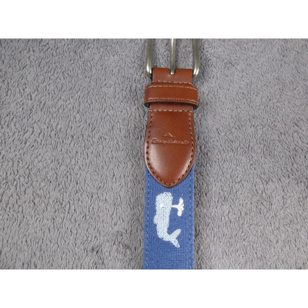 Tommy Bahama Mens Whale Embroidered Belt Blue Brown Faux Leather 30-32 11TM03X00